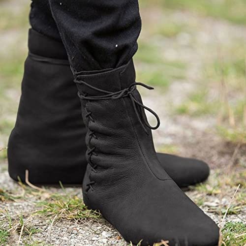 Cosplay Knöchelstiefel, Wikinger Retro Leder Ritter Kurze Stiefel, Karneval, Halloween Klassische Flache Boden Stiefel Schuhe Für Männer Frauen,Schwarz,43 von KGBEE