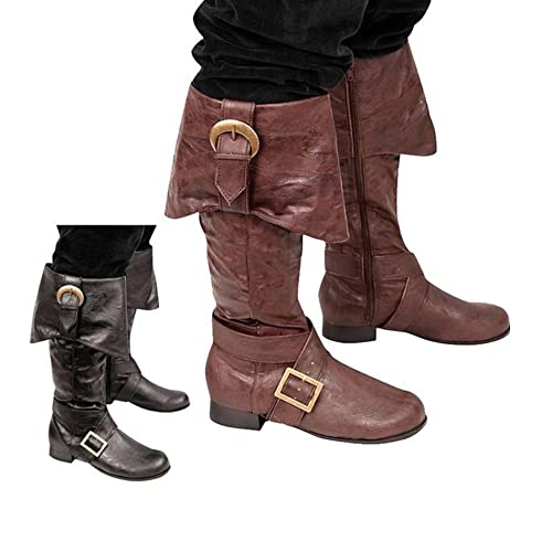 KGBEE Retro-Ritterstiefel, Mittelalterliche Lederschuhe Mit Langem Schaft Und Seitenreißverschluss, Herbst-Winter-Cosplay-Piratenstiefel-Schuhe Für Männer Frauen,Braun,42 von KGBEE