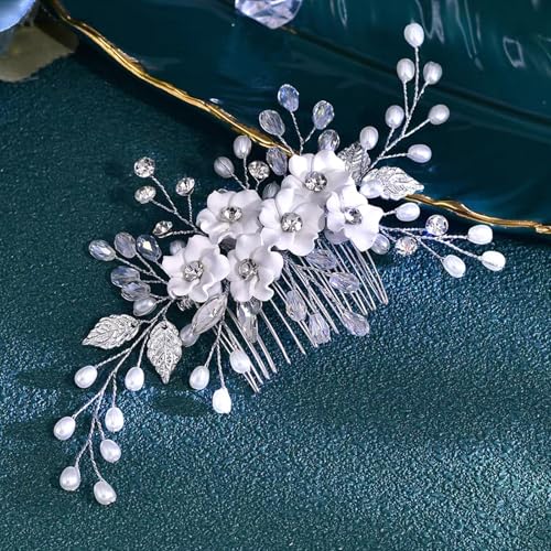KGCGJVB Braut-Haarkamm, Hochzeitszubehör für Braut, Schmuck, Blatt-Silber-Kopfstück für Frauen, seitliche Blumenkämme für Bräute, elegante Kristall-Haarteile von KGCGJVB
