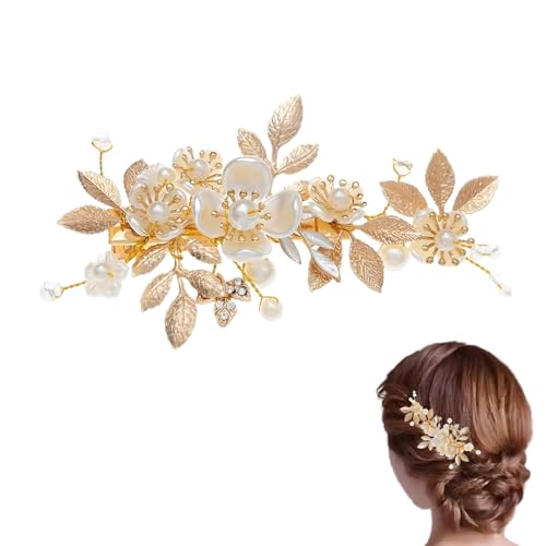 KGCGJVB Goldfarbene Haarspangen für Hochzeit, Braut, Blume, Kopfschmuck, Zubehör, Abschlussball, Haarspangen mit Blattblumen, Braut-Haarspangen für Bräute, elegante Blumenclips und Kopfschmuck von KGCGJVB