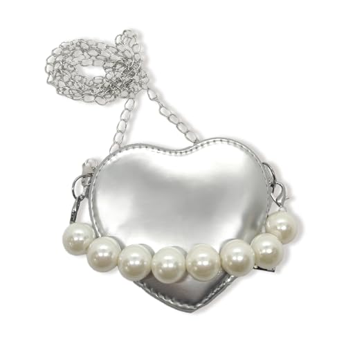 KGCGJVB Silberne Geldbörse für Mädchen, kleine Mädchen, Mini-Handtaschen und Geldbörsen, Kleinkind-Prinzessinnen-Geldbörsen mit Mini-Kette, kleine herzförmige Geldbörsen für Kinder, Hochzeit und den von KGCGJVB