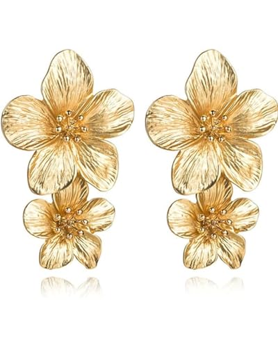 KGDUYC 1 Paar Große Blume Ohrringe - Gold Doppelschichtige Blume Baumeln Ohrringe Metall Blütenblatt Blumen Ohrstecker Modisches Statement Hochzeit Ohrschmuck Für Mädchen und Frauen von KGDUYC