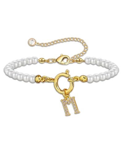 KGDUYC 1 Stück Ladies Beaded Bracelet Womens Gift - 18K Gold Plated with CZ Letters Charm Bracelet Beaded Bracelet Ladies Personalised Gift Womens Teenage Girl Jewellery von KGDUYC