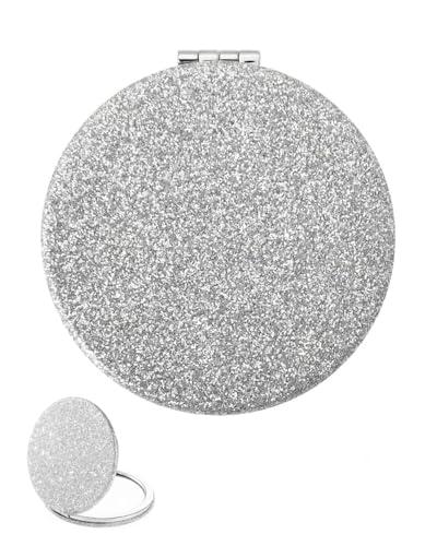 KGDUYC 1 Stück Runder Kompaktspiegel, Glitzer Taschenspiegel, Runder Mini-Makeup-Spiegel, Faltbarer Handspiegel mit 2-seitiger Vergrößerung (1x/2X) für Frauen und Mädchen (Silber) von KGDUYC