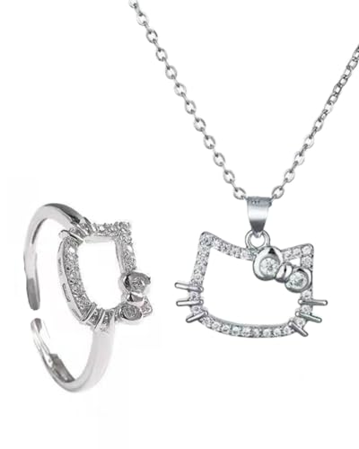 KGDUYC 1 Stück Sterling Silber Diamant Katze Halskette, Sterling Silber niedlich Cubic Zirkonia Bogen Kätzchen Anhänger Funny Cartoon Tier Halskette Schmuck Geschenke Damen Teenager Mädchen von KGDUYC