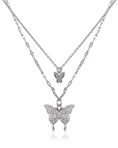 KGDUYC 1 Stück böhmische Schmetterlings-Anhänger-Halskette – Kristall-Silber-Choker, geschichtete Spitzenkette, Schmuck-Halskette mit verstellbarer Kette, junges Mädchen als Geschenk (Silber) von KGDUYC