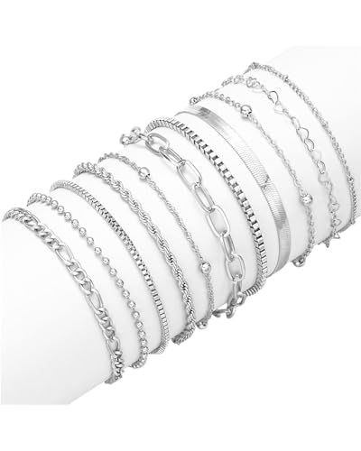 KGDUYC 10Pcs Armband Damen Edelstahl Ketten Vergoldet Armbander Armbänder Set 14K Twist Schlange Armkette Damen CZ Verstellbar Armband Set Charm Armband Armband Damen Frauen - Silber von KGDUYC