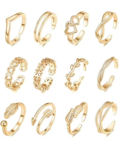 KGDUYC 12 Stück zehenring，zehenring gold，Gold Gefüllte Zehenringe für Damen Blumenherz Offene Zehenringe Daumenringe Verstellbare Ring Gold Zehenringe Set Sommer Strand Fußschmuck von KGDUYC