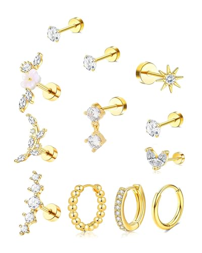 KGDUYC 12Pcs Helix Piercings Chirurgenstahl Ohrringe Piercing Set CZ Blume Ohr Piercing Ohrstecker Knorpel Ohrringe Damen Klein Ohrringe Creolen Conch Helix Tragus Piercing Ohr Schmuck - Gold KGDUYC 12Pcs Helix Piercings Chirurgenstahl Ohrringe Piercing Set CZ Blume Ohr Piercing Ohrstecker Knorpel Ohrringe Damen Klein Ohrringe Creolen Conch Helix Tragus Piercing Ohr Schmuck - Gold von KGDUYC