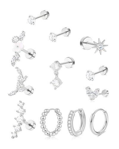 KGDUYC 12Pcs Helix Piercings Chirurgenstahl Ohrringe Piercing Set CZ Blume Ohr Piercing Ohrstecker Knorpel Ohrringe Damen Klein Ohrringe Creolen Conch Helix Tragus Piercing Ohr Schmuck - Silber von KGDUYC