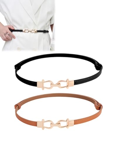 KGDUYC 2 Stück Frauen Dünner elastischer Gürtel für Kleider,Dünne Retro Stretch Taille Gürtel mit goldener Schnalle von KGDUYC