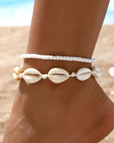 KGDUYC 2 Stück Fußkettchen – Boho Mehrschicht-Fußkettchen, natürliche Muschel, handgewebt, verstellbare Fußkettchen,handgefertigtes Boho-Fußkettchen, für Frauen und Mädchen von KGDUYC