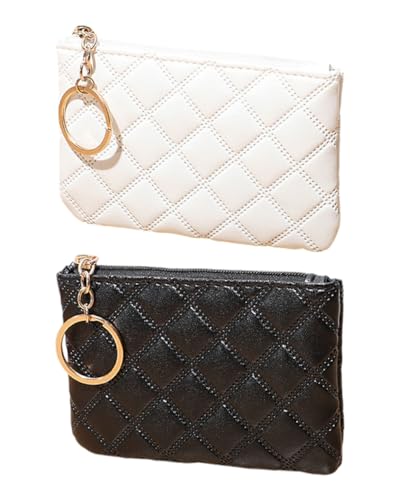 KGDUYC 2 Stück Kleine Geldbörse für Damen, Rauten Stickerei Leder Münzfach Geldbörse tragbares Kleingeld Geldbörse Kleines Portemonnaie Damen mit Schlüsselanhänger Reißverschluss, Schwarz/Weiß von KGDUYC