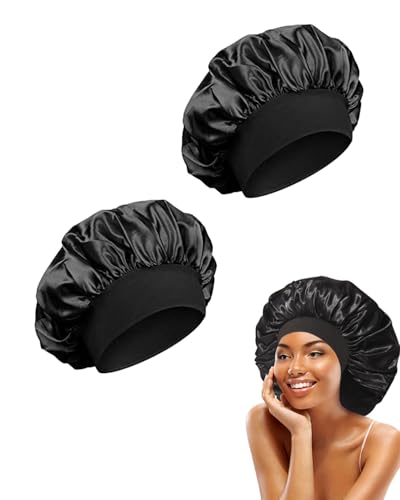 KGDUYC 2 Stück Schlafmütze Satin Bonnet Nacht Schlafkappe Kopfbedeckung Schlaf Mütze Verstellbare Weiche Kopfhaube Schlafhaube Seide mit Gummizug für Damen und Mädchen - Schwarz von KGDUYC