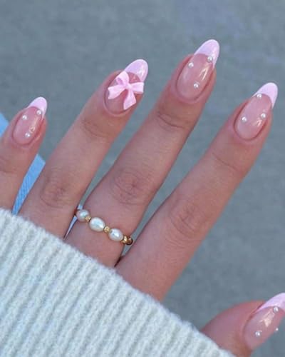 KGDUYC 24 Pcs French Tip Press on Nails- Süßes Acryl Künstliche Nägel mit 3D-Schleife Perlmutt Nude Pink Vollständige Abdeckung False für Frauen und Mädchen KGDUYC 24 Pcs French Tip Press on Nails- Süßes Acryl Künstliche Nägel mit 3D-Schleife Perlmutt Nude Pink Vollständige Abdeckung False für Frauen und Mädchen von KGDUYC