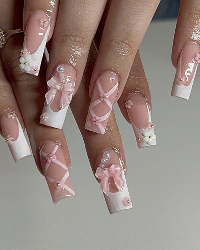 KGDUYC 24 Stück Nägel zum Aufdrücken- mittellang, Strass, rosa, künstliche Nägel, quadratisch, glitzernd, glänzend, Rhinestones and Butterfly Charm Designs Glossy Stick on Nails for Women and Girls von KGDUYC