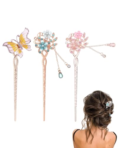 KGDUYC 3 PCS Braut Haarschmuck Hochzeit Gold,Blumen Haarnadeln Gold,French Hair Pin Hanfu Blumenspangen Haarklammer Set Hair Accessories Florales Retro Kopfstück Mit Quaste Traditionelles Hairpi von KGDUYC