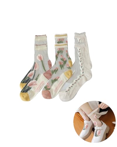 KGDUYC 3 Paar Rüschen Socken - Damen Transparente Blumensocken Gedruckt Durchsichtige Söckchen Sommersocken Atmungsaktiv Dünne Kristall Glas Netz Spitzensocken für Frauen und Mädchen von KGDUYC