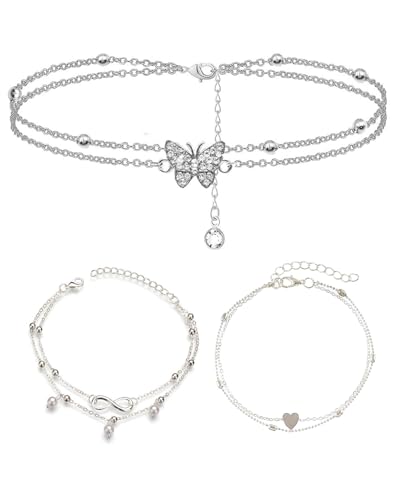 KGDUYC 3 Stück Fußkettchen Damen,Boho Fußkettchen Set Strand Fußkettchen Geschichtete Fußkettchen Modeschmuck Verstellbare Fußkette Doppelt Wasserfestes Fußkettchen Zweireihige Fußkette für Frauen von KGDUYC