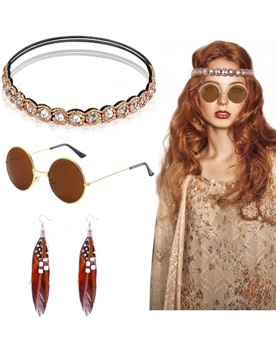 KGDUYC 3 Stück Hippie Accessoires - Damen Set Outfit Hippie Schmuck Karneval Retro Sonnenbrille Rund Boho Stirnband Hippie Ohrringe Federn,für Frauen Mädchen Cosplay von KGDUYC