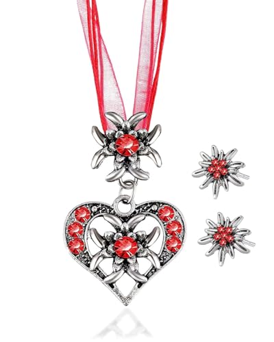 KGDUYC 3 Stück Trachtenschmuck Set Bayerisch Dirndlschmuck Trachtenkette mit Strass Edelweiß Herz Anhänger und Edelweiß Ohrstecker für Damen Bierfest Trachten Dirndl Outfit,trachten haarschmuck von KGDUYC