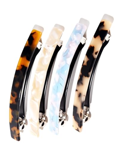 KGDUYC 4 PCS Lange Dünne Haarspange Rechteckige Automatische Haarspangen Groß Zelluloid Leopard Haar Spange Haarclips Für Damen Mädchen Dicke Mittleres Haar von KGDUYC