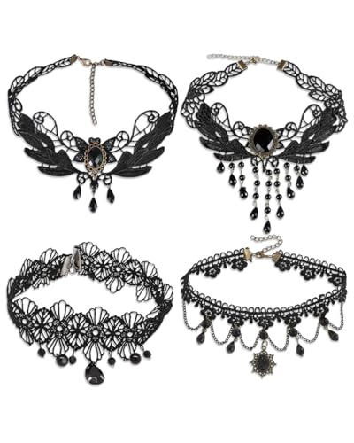KGDUYC 4 Stück Gothic Halskette Set - Spitze Choker Halsband Damen Schwarz Kette Vintage Choker Lolita Kostüm Schmuck für Halloween für Karnevals Maskerade Party(Schwarz) von KGDUYC