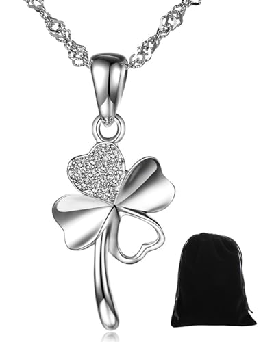 KGDUYC Damen Halskette aus Sterling Silber, Glücksbringer,Kette mit Kleeblatt Anhänger,mit Zirkonen,Sterling Silber Zirkonia Vierblättriges Kleeblatt Anhänger Halskette Kette mit Anhänger für Damen von KGDUYC