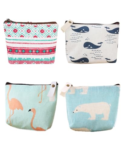 KGDUYC Geldbeutel Mini, Kleines Portemonnaie Damen,Täschchen mit Reißverschluss,Kosmetiktasche,Mini Geldbörse Damen Canvas Münzgeldbeutel mit Muster, für Münzen, Karten, Schlüssel, 4PCS von KGDUYC