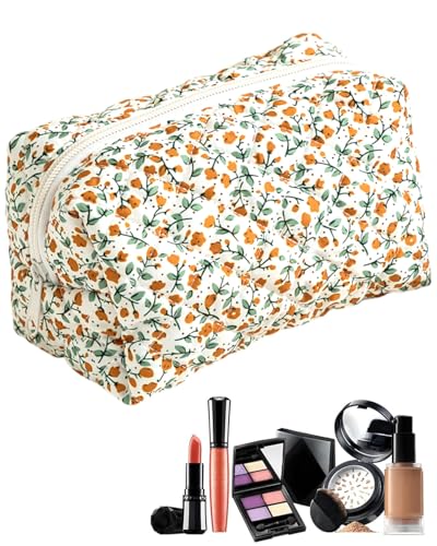 KGDUYC Gesteppte Kosmetiktasche mit Blumenmuster und großem Fassungsvermögen aus weichem Baumwollmaterial für Make-up-Pinsel und Beauty-Utensilien，kosmetiktasche ，clean girl must haves (Gelb) von KGDUYC