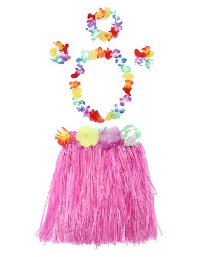 KGDUYC Hawaiian Theme Party Kostüm Kleid, Hawaii Gras Rock, 40cm Hawaii Gras Rock mit Halskette Armband Haar Blume Gras Rock Cheerleader Beach Party (Pink) von KGDUYC