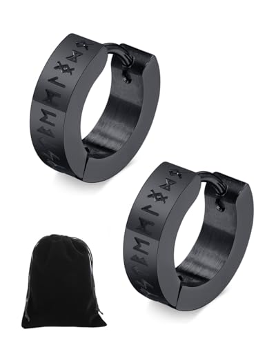 KGDUYC Hoop Ohrring Herren Nordischer Wikinger - Amulett Schutz Schmuck Geschenke Edelstahl Herren Ohrstecker mit Nordic Elder Futhark Runen, 1 Paar - Schwarz von KGDUYC