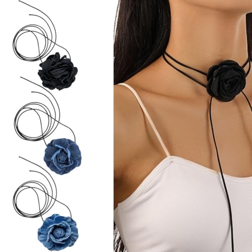 KGDUYC Ketten für Damen Samt-Halsband mit schwarzem Band, Halsband mit Blumenkette für Damen und Mädchen, Braut, Hochzeit, Party, Geburtstag, Halloween(3 Stück) von KGDUYC