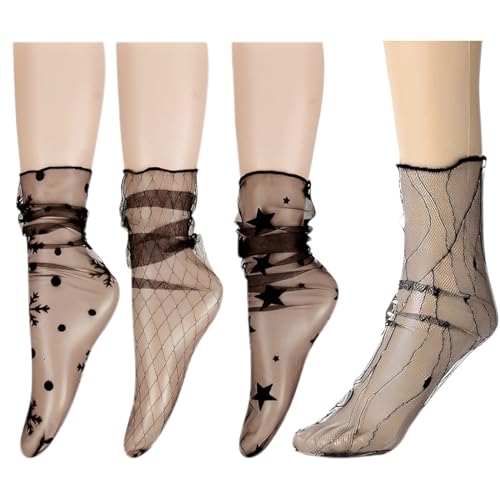 KGDUYC Knöchelsocken für Damen Damen-Fischnetzsocken, schwarze Socken, Sommer-Stretch-Spitzen-Fischnetzsocken(4er-Pack) von KGDUYC
