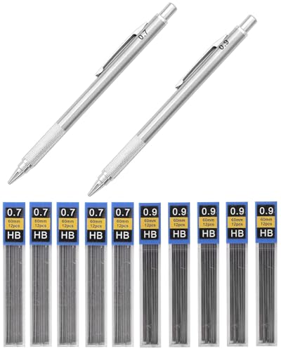 KGDUYC Metall Mechanical Pencil - 2 pcs Druckbleistift - 0,7/09 mm, 10Tuben 120 Stück Bleistiftmine HB Mienenbleistift, Metall Mechanical Pencil für Skizzieren Zeichnen Schreiben von KGDUYC
