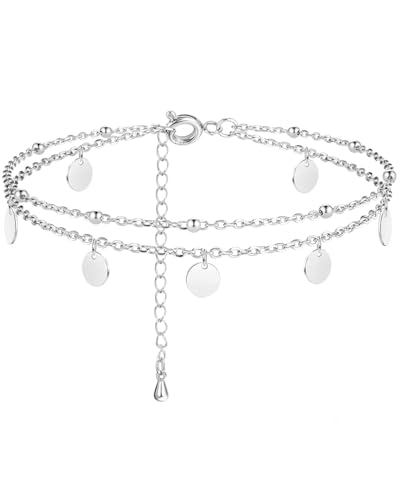 KGDUYC fußkette damen， 925 Sterling Silber Knöchel Armband Mehrschichtige Fußkettchen für Frauen Herz Runde Kugel Zirkon Mehrere Stile Fußkettchen Verstellbare Kette Sommer Strand Fußschmuck von KGDUYC