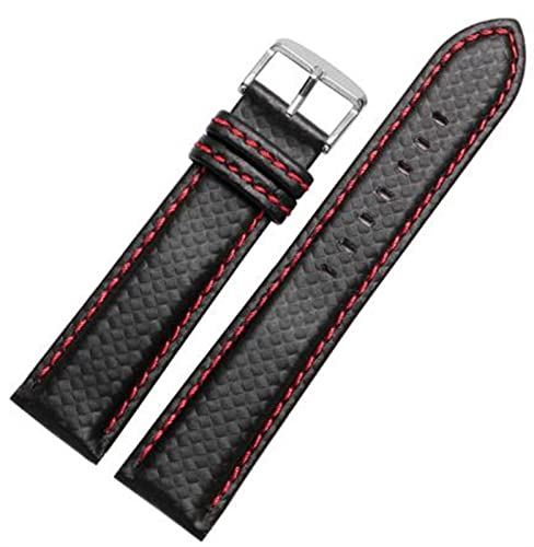 KGFCE 18 mm 20 mm 21 mm 22 mm 23 mm 23 mm langlebiger Orangennähte Kohlefaser Herren schwarzes rotes echtes Leder mit silbernen Verschluss Uhrenbandband(Black red,24mm) von KGFCE