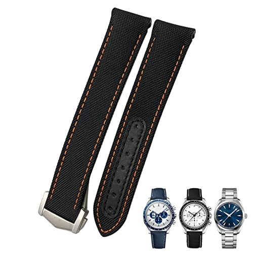 KGFCE 19 mm 20 mm 21 mm Nylon-Canvas-Uhrenarmband mit gebogenem Ende, passend für Omega Seamaster 300 AT150 Speedmaster(Black Orange,19mm Gold clasp) von KGFCE