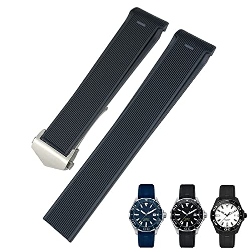 KGFCE 20 mm 22 mm Gummi-Silikon-Uhrenarmband passend für Tag Heuer CARRERA AQUARACER 300 WAY201A WAY211C Schwarz Blau Braun Uhrenzubehör(Black Silver Buckle,22mm) von KGFCE