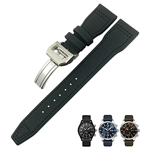 KGFCE 20mm 21mm 22mm Nylonfaser-Lederarmband passend für IWC IW377729 IW389001 Big Pilot Watch Grün Blau Schwarz Uhrenarmband(Black silver 1,22mm) von KGFCE