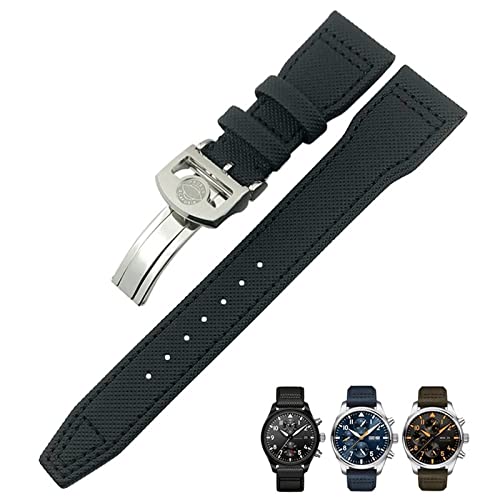 KGFCE 20mm 21mm 22mm Nylonfaser-Lederarmband passend für IWC IW377729 IW389001 Big Pilot Watch Grün Blau Schwarz Uhrenarmband(Black silver 2,22mm) von KGFCE