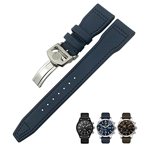 KGFCE 20mm 21mm 22mm Nylonfaser-Lederarmband passend für IWC IW377729 IW389001 Big Pilot Watch Grün Blau Schwarz Uhrenarmband(Blue silver 2,21mm) von KGFCE