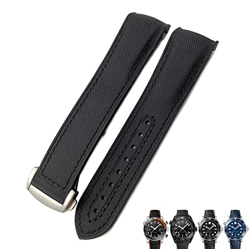 KGFCE 21 mm 22 mm Gummi-Nylon-Uhrenarmband 19 mm 20 mm für Omega-Armband Planet Ocean Seamaster 300 Gummiarmband(Black Nylon Black,19mm) von KGFCE