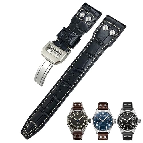 KGFCE 22 mm Nieten Echtlederarmband passend für IWC Big Pilot Uhr IW3777 Kalbslederarmband(Black white 1,Gold Buckle) von KGFCE