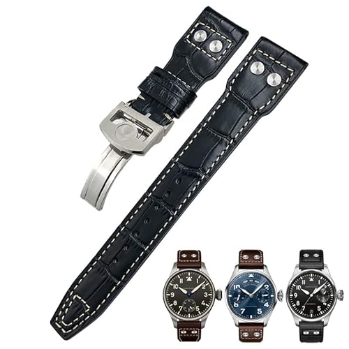KGFCE 22 mm Nieten Echtlederarmband passend für IWC Big Pilot Uhr IW3777 Kalbslederarmband(Black white 2,Silver Buckle) von KGFCE