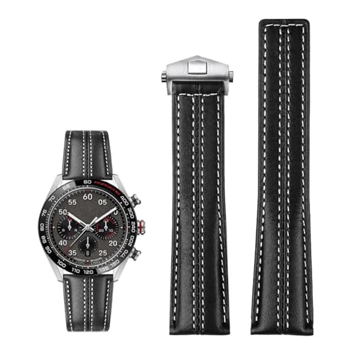 KGFCE 22mm echtes Lederarmband für Uhr Carrera Monaco Herrenarmbanduhr Rindsleder-Faltschließe(Black silver buckle) von KGFCE