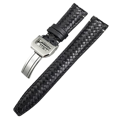 KGFCE Gewebtes Rindsleder-Uhrenarmband mit gebogenem Ende, 20 mm, 21 mm, 22 mm, passend für IWC Portugieser Pilots Echtleder-Uhrenarmband(Black Silver Buckle,22mm) von KGFCE