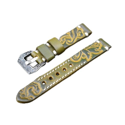 KGFDSGDS Uhrenarmband, 20 mm, 22 mm, Vintage-Leder, geschnitzt, geprägt, kompatibel mit Panerai-Uhrenarmband mit geschnitzter Schnalle, graviertem Verschluss (Bandfarbe: Gelb, Bandbreite: 24 mm) von KGFDSGDS