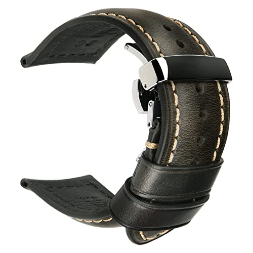 Maikes Handgefertigte Uhrenarmbänder aus echtem Leder, 18 mm, 20 mm, 22 mm, 24 mm, Universal-Schmetterlingsschnalle, braunes Herren-Smartwatch-Armband (Bandfarbe: Hellschwarz S, Bandbreite: 22 mm) von KGFDSGDS