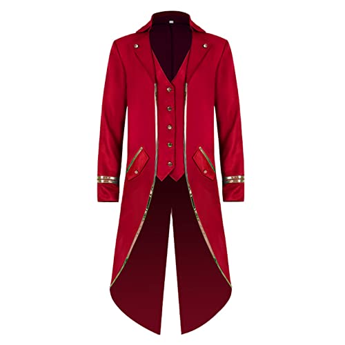 KGIHPC Herren Steampunk Vintage Frack Jacke Gothic Viktorianisch Uniform Mantel Halloween Mäntel (as3, age, free_size, Rot, 2XL) von KGIHPC